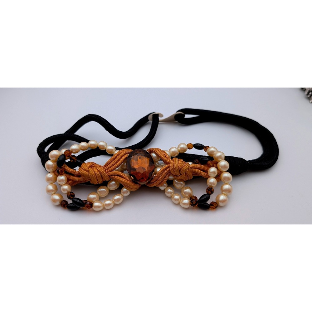 Rhea Bryan Vintage Belt Black Braided Cord Faux Pearl Amber Rhinestone Bow